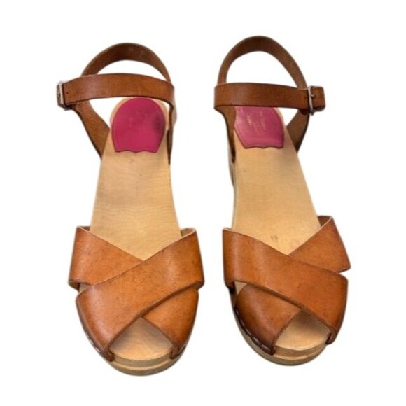 Swedish Hasbeens Womens Brown Leather Sandals With Wooden Heels Size 7 - Picture 1 of 5